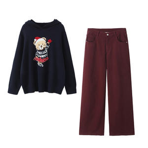 ชุดเซ็ตผู้หญิงไซส์ใหญ่ Runqi สีกรมท่า เสื้อฮู้ดสีแดงเบอร์กันดี กางเกงขายาวทรงกว้าง ชุดลำลองถักนิตติ้ง - Product Image 1