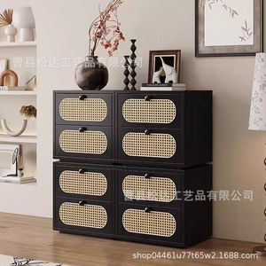 Mesita de noche de ratán estilo vintage, cómoda, unidad de pie de cama multifuncional de madera maciza, mueble de almacenamiento para el hogar - Product Image 4