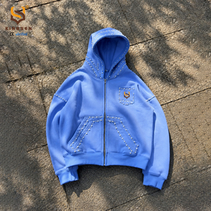 Sudadera con capucha para hombre, personalizada, de algodón grueso de 500 g/m², con hombros caídos, adornada con perlas, estilo vintage, con cremallera, color rosa - Product Image 1