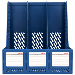 Deli 78997 Triple File Rack Blue Plastic Office Document Organizer Desktop Storage Tray Three Compartment File Holder - Product Image 2