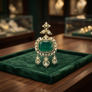 Luxury 925 Sterling <b>Silver</b> <b>Brooch</b> with Emerald Green Stone Antique Gold Polish Polki Style Traditional Indian Bridal Jewelry Who - Product Image 4