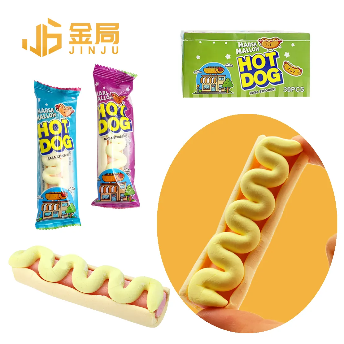 Onafhankelijk Verpakte 3d Hotdog-Vormige Marshmallows-Snoepjes Zacht Fruit Smaak Suikerspin Gedehydrateerde Marshmallow