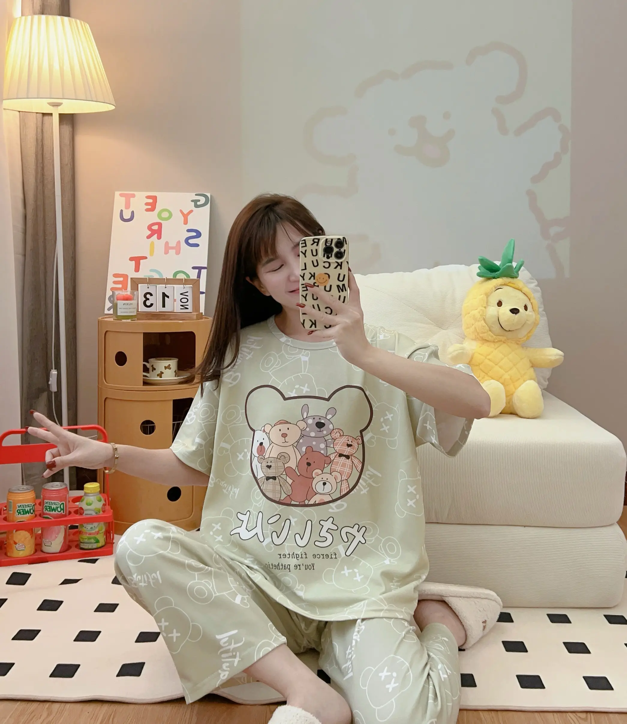 High Quality Cartoon Pajamas Set Cute Printed Casual Wear Cotton Pyjamas 2 Pieces Women's Sleepwear
