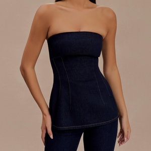 Top de mezclilla sin tirantes de corte ajustado para mujer, uso diario, OEM - Product Image 1