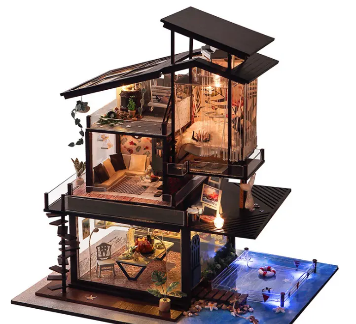 Wooden Doll House With Miniature Furniture Wooden Diy Villa Doll House For Girls Wholesale