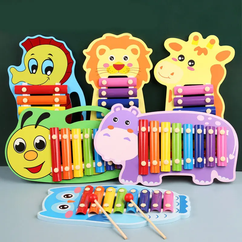 Fun Play 8 Tones Hand Knock Piano Mainan Musik Anak-anak Pendidikan Kartun Hewan Gambang Kayu