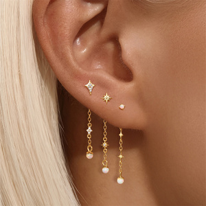 ต่างหูทองคำ 18K เงินแท้ 925 ประดับโอปอลรูปดาวสี่แฉกและแปดแฉก - Product Image 2