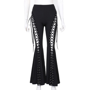 Gothic Style Streetwear Women's Lace-Up High-Waist Flare Pants with Chain Belt-Full-Length Polyester Spandex <strong>Fishnet</strong> Underlay - Product Image 6