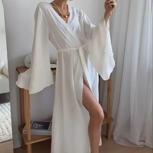 Enyami 女式长袖腰部抽绳开襟长款和服宽松开衫外套罩衫连衣裙 - Product Image 4