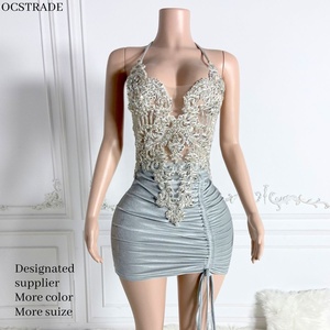 MF Irregular Sier Dia Halter cuello sin mangas mujeres celebridad fiesta Mini vestido cristal Rhinestone vestidos de noche - Product Image 1