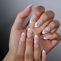 Faux ongles à presser en acrylique, courts, doux, style français, motif fleur 3D rose-jaune, forme amande, sublimes pour la peau, pour mariages, occasions spéciales et personnalisables
