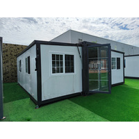Casa Contenedor Moderna Expandible de Doble Ala, Panel Sándwich Gris Claro, Casa Modular Prefabricada con Puerta Francesa para Oficina o Vivienda