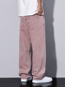 Jean rétro rose délavé pour homme, coupe ample, jambe large, style Y2K streetwear, pantalon en denim ample, surdimensionné - Product Image 1