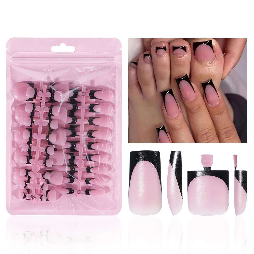 Factory Wholesale False French Toenails Hand Nails Set 60pcs French White Black Tips Square French Soft Press on Acrylic