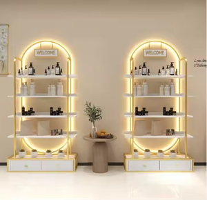 Muestra gratis salón de belleza tienda <span class=keywords><strong>barber</strong></span>ía gabinete de almacenamiento de hierro estante de exhibición de suelo de madera con LED - Product Image 6