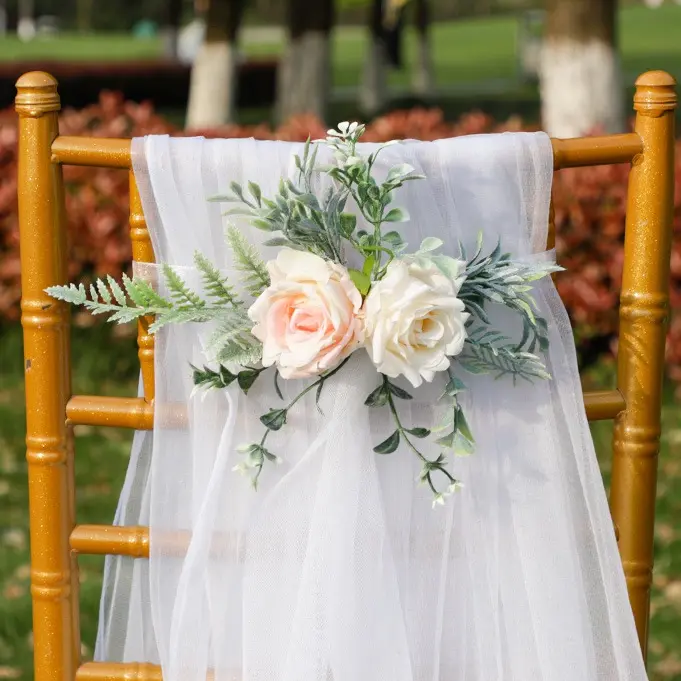 Compleanno all'aperto matrimonio corridoio sedia decorazioni per la schiena crema bianca rosa fiori artificiali Bouquet fiocco con fiori sedia a nastro