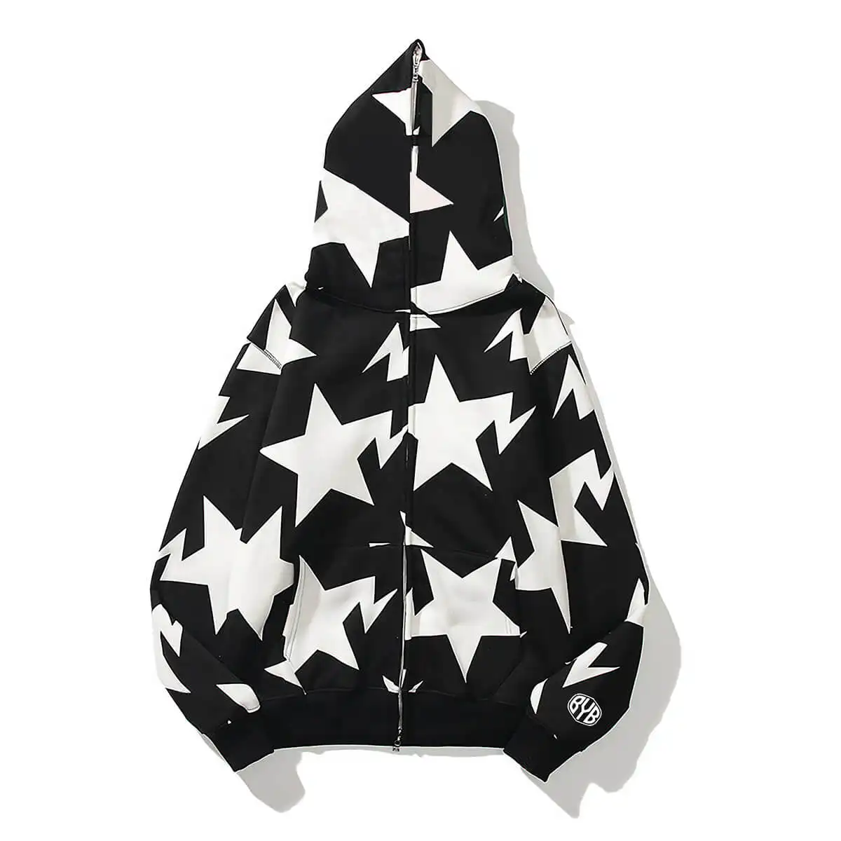 Manufacture full star zip up face silk hoodie custom