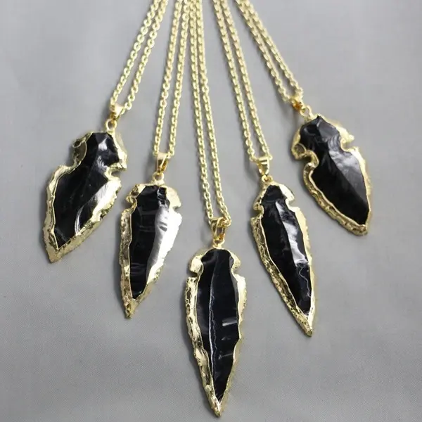 LS-D2627 Áspero preto obsidian Colar com banhado a ouro em afiou real jóias de pedras preciosas naturais