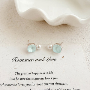 Boucles d'oreilles pendantes en perles pour femmes, cristal aqua, plaqué or blanc 18 carats, tige en argent 925, serti clos, bijoux de mode estivaux - Product Image 2