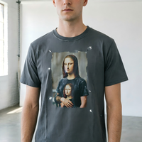 T-shirt en coton lourd 100% avec impression DTG personnalisée, motif amusant Mona Lisa, délavé à l'acide, manches courtes pour hommes