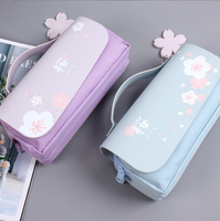 Tas Pensil Sakura Kulit PU Wadah Pena Alat Tulis Kawaii Dompet Penggaris Sekolah Perempuan Manis Pemegang Penghapus Penghilang Stres Tas Pensil