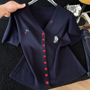 เสื้อคาร์ดิแกนถักสำหรับผู้หญิง แขนสั้น คอวี ปักลาย สไตล์วินเทจ ทรงหลวม ระบายอากาศได้ดี ติดกระดุมแถวเดียว เหมาะสำหรับฤดูร้อน - Product Image 1