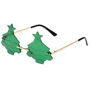 2024 Rimless Christmas Tree Shape Sunglasses Driving Trendy Eyeglasses Women Men Metal Frame Party Glasses Funny Star Eyewear