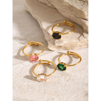 Bague ouverte ajustable en acier inoxydable plaqué or 18 carats style Ins, ornée de zircons cubiques multicolores roses et verts, bijou mignon