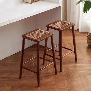 Solid Wood Bar <b>Stool</b> With Rattan <b>Seat</b> Durable High <b>Stool</b> For Home Kitchen Island - Product Image 1