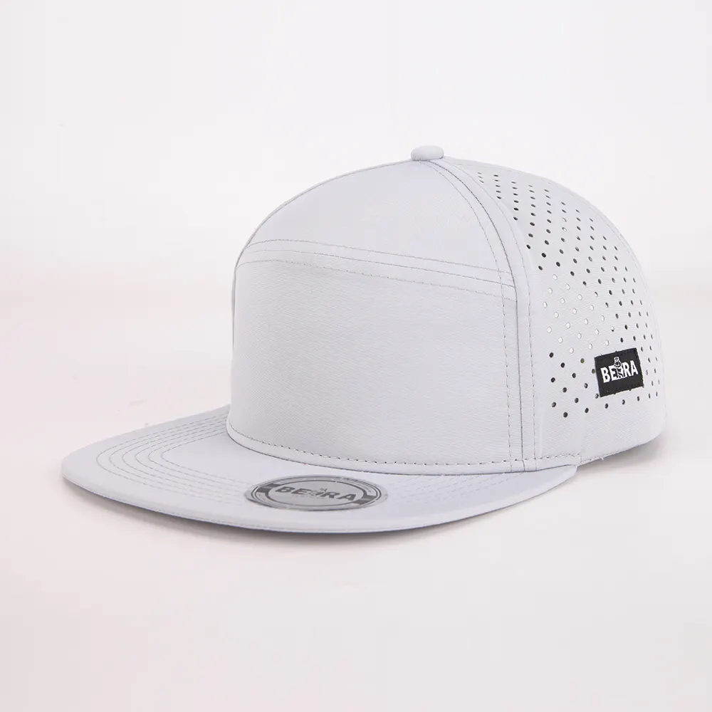 OEM Custom Design Your Own Logo Sports Laser Cut Hole Hat 7 Panel Flat Brim Gorras High Quality Polyester Unisex Snapback Cap