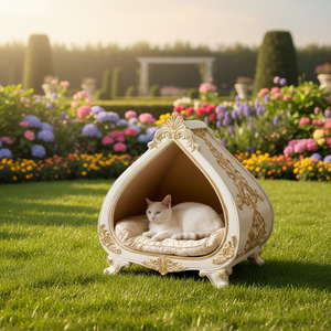 Hochwertiges Französisches Antikes Beige Massivholz-Hundehaus für Innenräume mit Schwammfüllung Luxuriöse Goldblatt-Villa und Kuppeldach für Katzen - Product Image 6