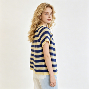 2026 New Arrival <strong>Navy</strong> Striped Knit <strong>Cardigan</strong>, Women's Short Sleeve Button Down Crew Neck Knitted Top, Knitwear - Product Image 1