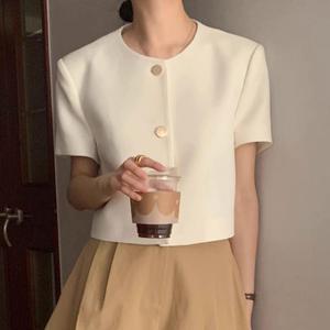 <span class=keywords><strong>Manteau</strong></span> court d'été chic pour femmes de style sud-coréen, élégant et décontracté, petit châle en lapin, manches bouffantes, simple boutonnage, polyester - Product Image 1