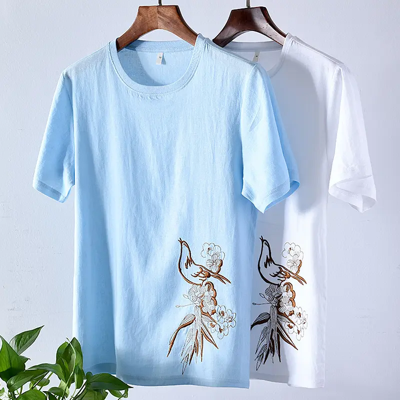 T-shirt personnalisé en lin pour hommes T-shirt de haute qualité ajusté et respirant à broderie pour hommes Fabricant de vêtements T-shirt à col rond pour hommes