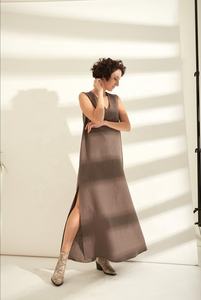 Timeless Style In Ladies Organic Soft <b>Linen</b> <b>Long</b> Sleeveless Loose Fit Beautiful <b>Dress</b> With Sexy V Neck & <b>Long</b> Side Split - Product Image 4