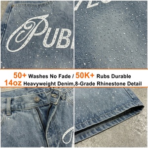 Private label Manufacturer Custom Screen Print Men's Baggy Straight Leg Vintage <b>Wash</b> Denim Shorts Rhinestone Streetwear Shorts - Product Image 2