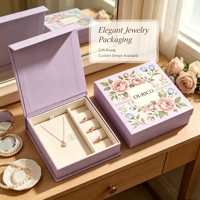 Boîte à bijoux élégante en velours violet à motif floral, boîte cadeau pour bijoux, boîte de rangement pour collier et bague, emballage personnalisé pour bijoux de marque