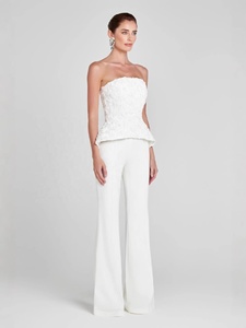 OUDINA Nouvelle mode, haut court élégant à épaules dénudées, à fleurs tridimensionnelles, pour femmes, pantalon taille haute, ensemble deux pièces - Product Image 2