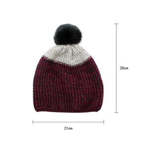 <span class=keywords><strong>Bonnet</strong></span> en tricot mélange <span class=keywords><strong>bordeaux</strong></span> avec pompon en fausse fourrure noire, chapeau d'hiver thermique pour <span class=keywords><strong>femme</strong></span>, <span class=keywords><strong>bonnet</strong></span> confortable à revers pour le froid - Product Image 2