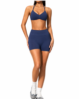 Ensemble de yoga personnalisé pour femme, été, uni, grande taille, léger, premium, avec soutien-gorge de sport sans couture à dos nu et short taille haute froncé pour la gym