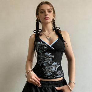 Top Corto Estilo Americano para Mujer, Estampado Floral Vintage, Estilo Halter, Ribete en Contraste, Ajuste Delgado, Sexy, Estilo Y2K - Product Image 2