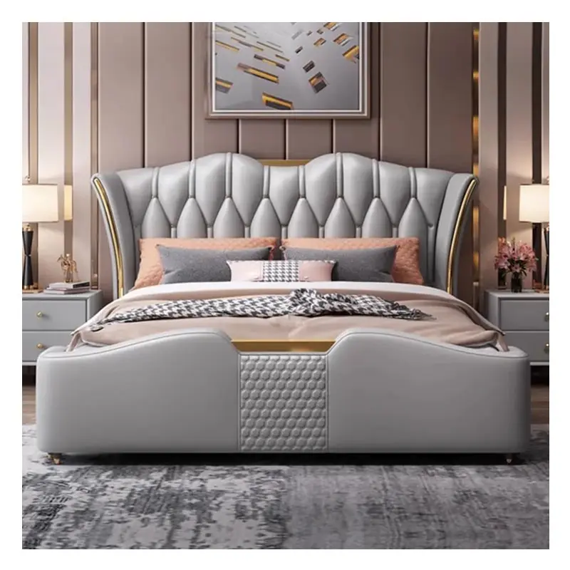Cama king size, camas dobles con funda, muebles de dormitorio, cama de matrimonio tapizada de lujo