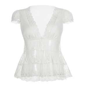 Top dulce y fresco con cuello en V y ribete de encaje, de color liso y efecto adelgazante para mujer. - Product Image 6