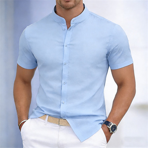 Camisa de <span class=keywords><strong>Manga</strong></span> <span class=keywords><strong>Corta</strong></span> con Cuello Mandarín para <span class=keywords><strong>Hombre</strong></span>, Color Sólido, Corte Entallado, Estilo Casual Elegante, Personalizable en Talla y Color con Impresión - Product Image 6