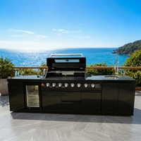 Îlot de cuisine BBQ extérieur tout-en-un en acier inoxydable 304 avec évier et réfrigérateur, en verre trempé, personnalisable