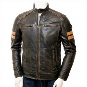 Custom Men Vintage Distressed <b>Leather</b> <b>Jacket</b> <b>Retro</b> Brown Biker Motorcycle <b>Jacket</b> with Arm Stripes Slim Fit Cafe Racer <b>Jacket</b> - Product Image 1
