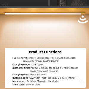 Zilver Zwart 5V Bewegingssensor Led Onder Kast Verlichting Met <span class=keywords><strong>3</strong></span> Kleuren Helderheid Dimbaar 3000K 4000K 6000K Schakelaar Afstandsbediening - Product Image 4