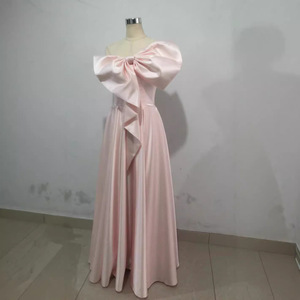 Women's Pink Satin Off The Shoulder Evening Gown A Line Empire Waist One Shoulder Bow Design Toast Dress - Product Image 4