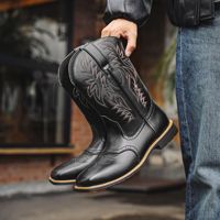 Bottes de cowboy faites à la main pour hommes broderie Western bout carré mi-mollet mâle en cuir Pu sans lacet bottes à bout pointu Zapatos Hombre