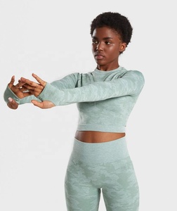 Yoga <span class=keywords><strong>Gym</strong></span> Wear Camo Seamless Leggings <span class=keywords><strong>Top</strong></span> de <span class=keywords><strong>manga</strong></span> <span class=keywords><strong>larga</strong></span> con agujero Back Set para mujeres - Product Image 4